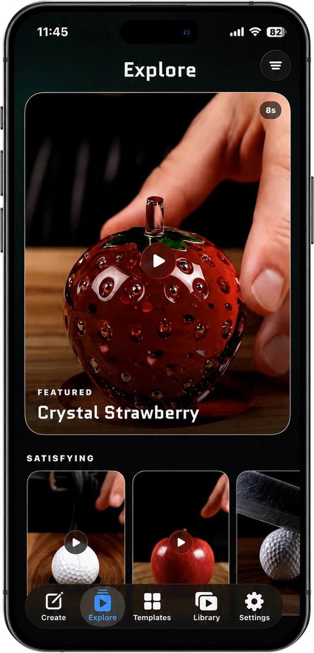 Terix Studio Explore screen with generated video previews on iPhone