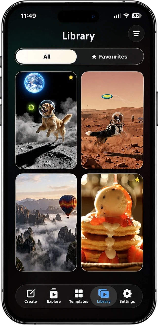 Terix Studio Library screen with saved creations on iPhone